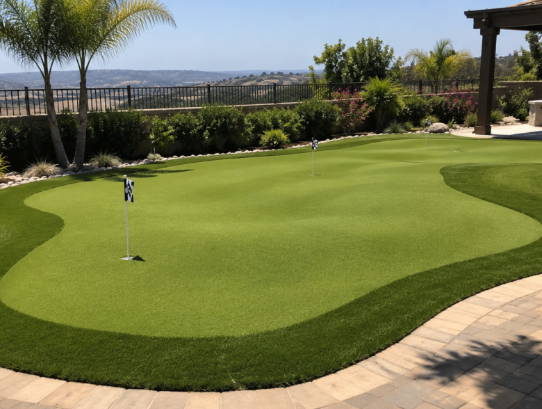 A finished backyard putting green in a San Diego home, showing contoured breaks and a manicured fringe