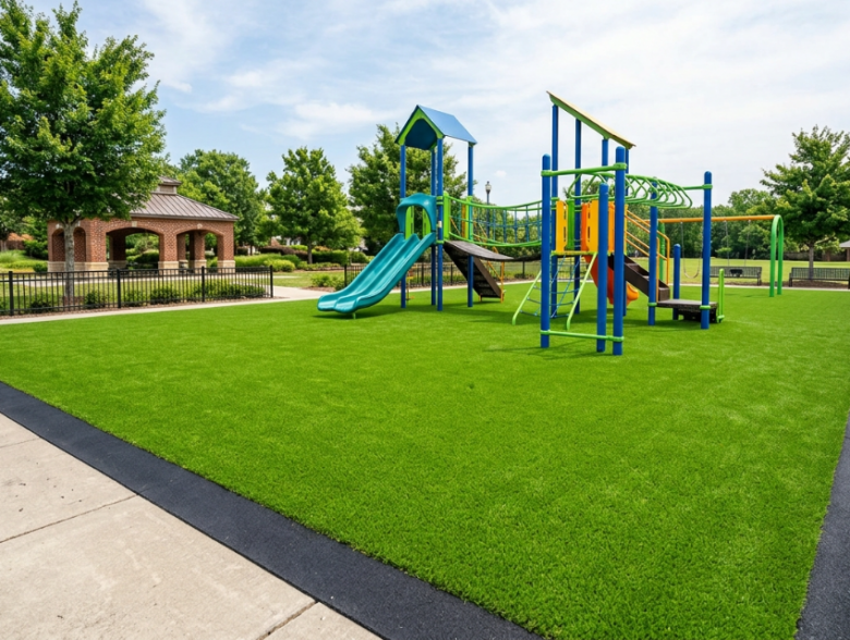 Wide shot of a completed playground turf installation with children's play structure, showing vibrant green turf and visible cushioned padding edges