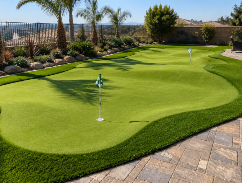 Wide shot of a finished backyard putting green installation in an Escondido, CA backyard, showing multiple contour breaks and a fringe collar