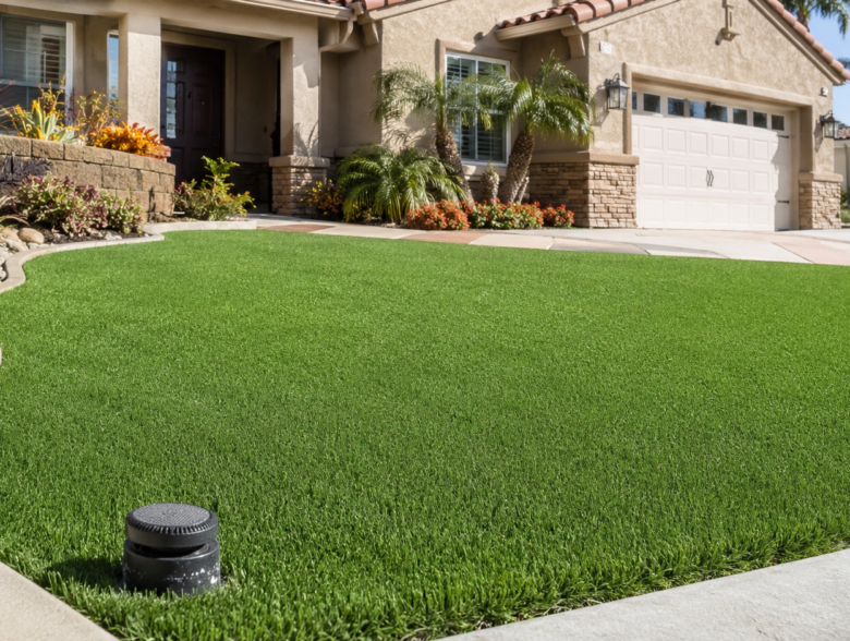 Wide shot of a lush green artificial turf front yard in Escondido, CA with a sprinkler head visibly turned off in the foreground