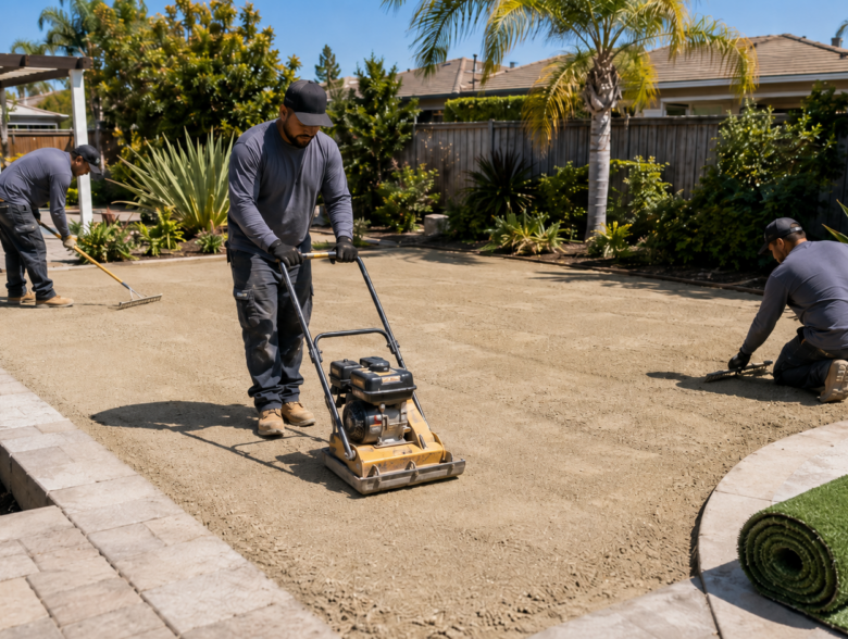 Photo of a Top Notch Turf crew compacting a road base layer before turf installation in a San Diego backyard